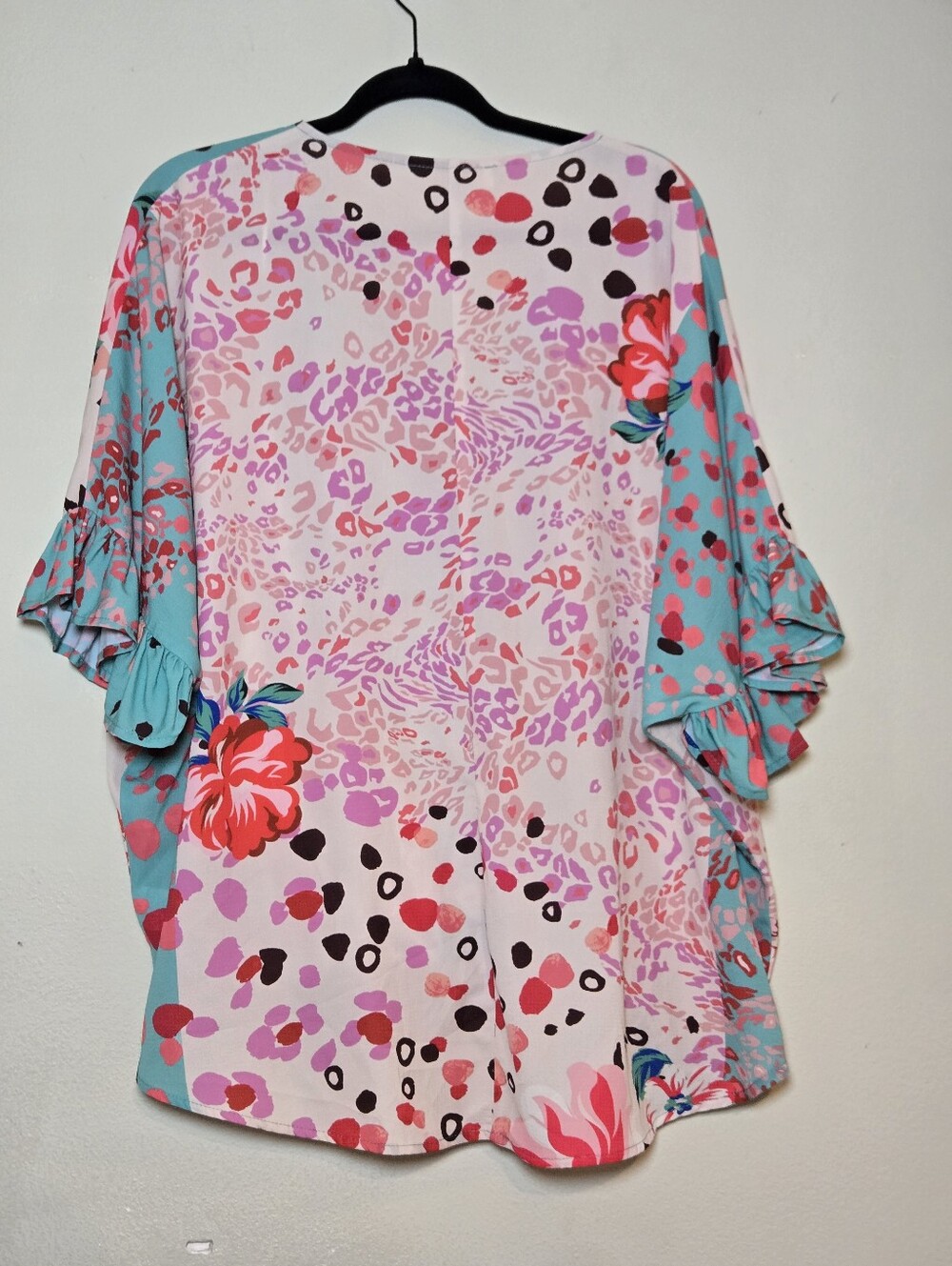 Umgee Floral Wrap V-Neck Blouse in Pink & Teal - Picture 3 of 3